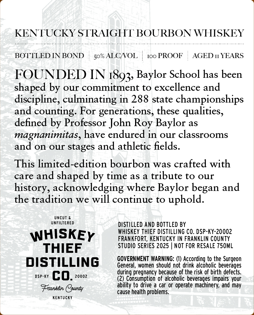 Whiskey Thief Distilling CO. Baylor School label image 2