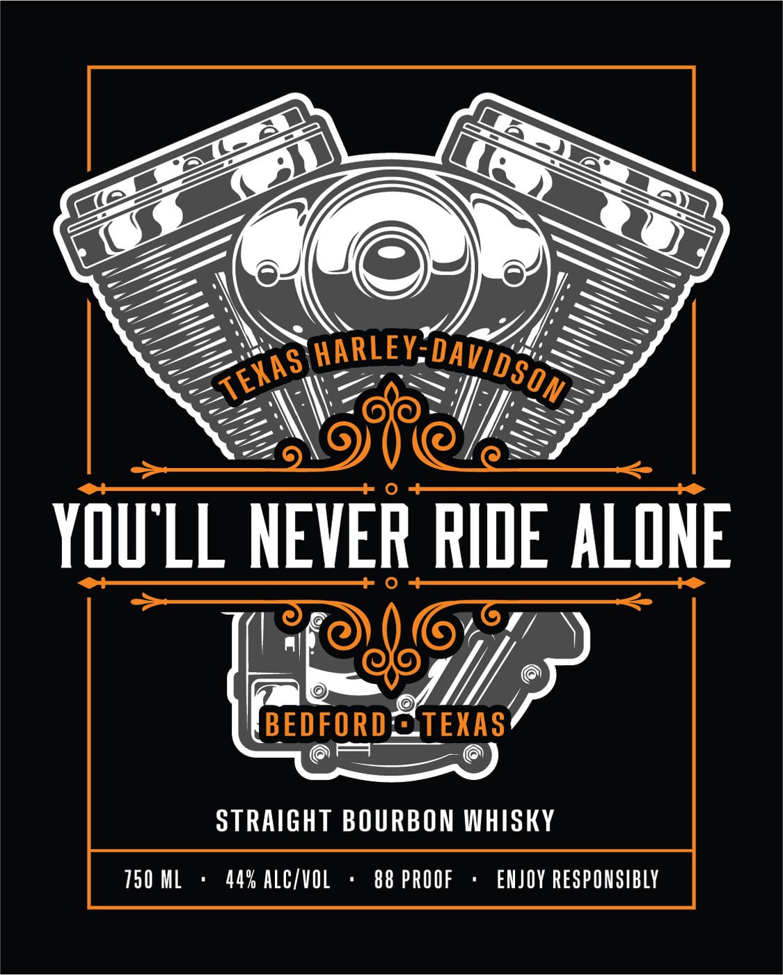 You'll Never Ride Alone Bedford Texas Straight Bourbon Whisky label
