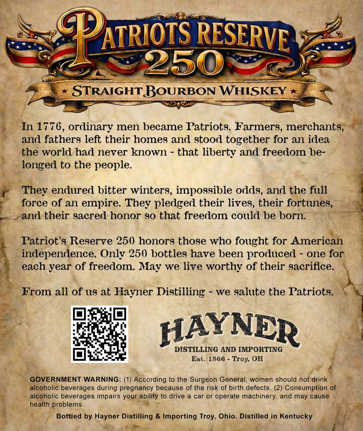 Hayner Distilling CO. Patriots Reserve 250 label image 2