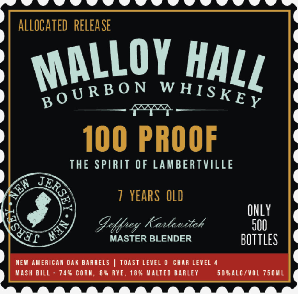 Malloy Hall Bourbon Whiskey 100 Proof label