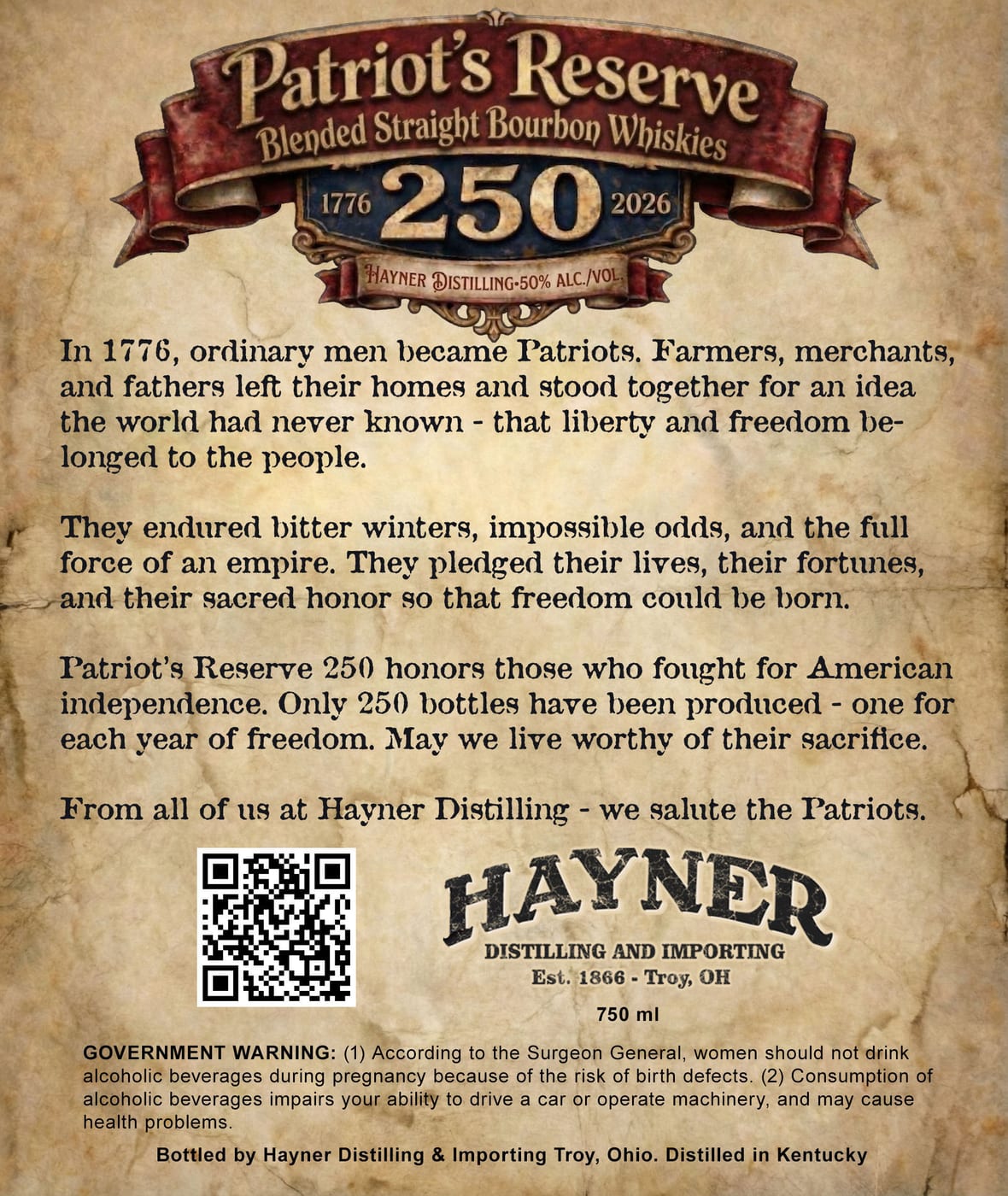 Hayner Distilling Patriot's Reserve 250 label image 2