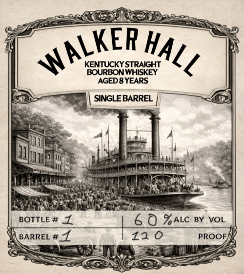 Walker Hall Kentucky Straight Bourbon Whiskey label