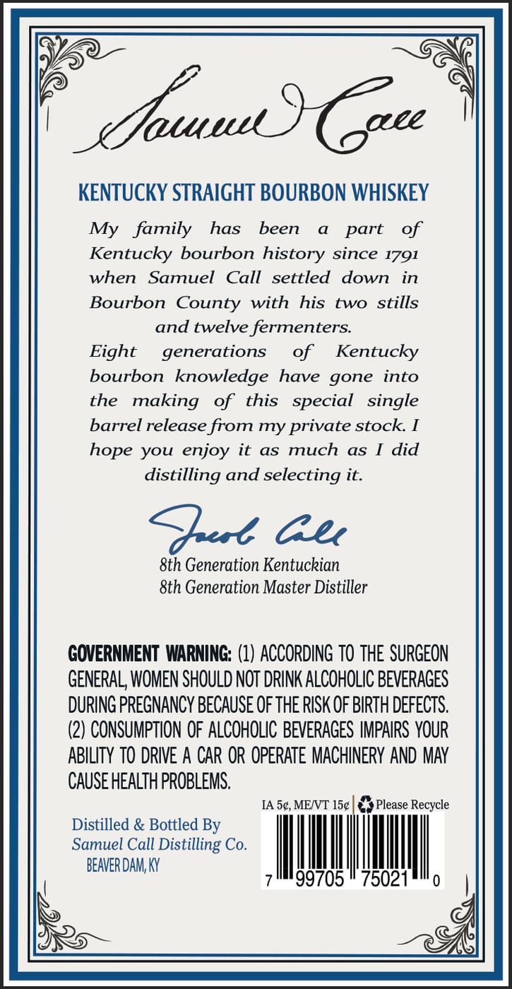Samuel Call Kentucky Straight Bourbon Whiskey label image 2