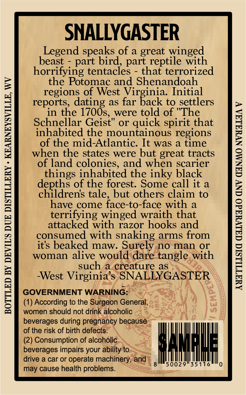 Devil's Due Distillery West Virginia Cryptid Series - Snallygaster label image 2