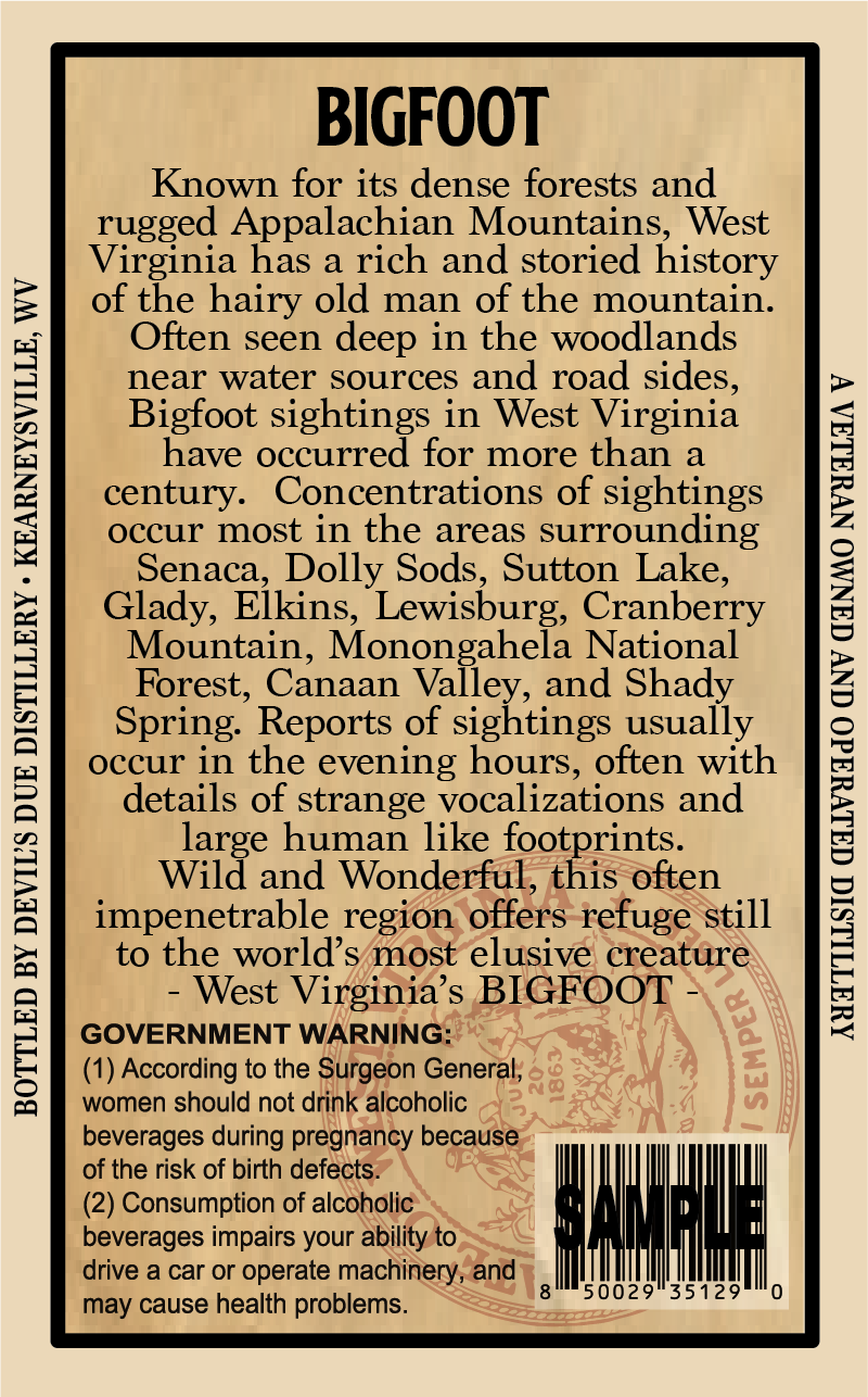 Devil's Due Distillery West Virginia Cryptid Series - Bigfoot label image 2