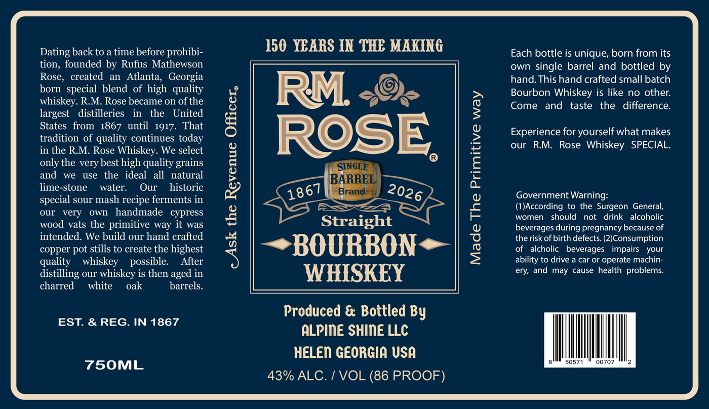 Rm Rose Straight Bourbon Whiskey label