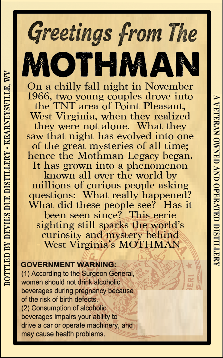 Devil's Due Distillery West Virginia Cryptid Series Point Pleasant Mothman Bourbon label image 2