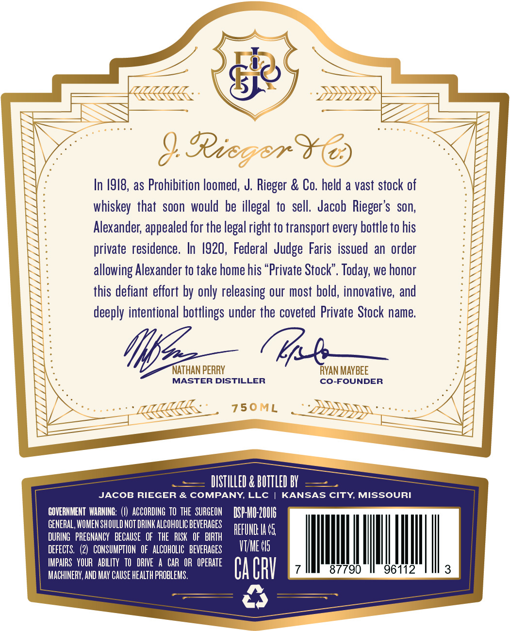 J. Rieger & CO. Private Stock Straight Bourbon Whiskey label image 3