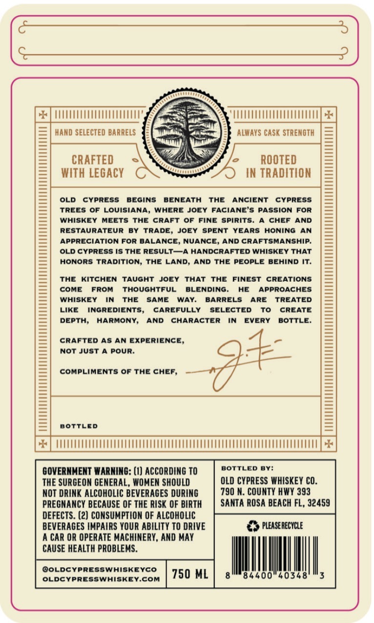 Old Cypress Whiskey Company Cypress Reserves label image 2
