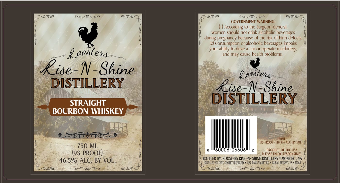 Roosters Rise -n- Shine Distillery Straight Bourbon Whiskey label