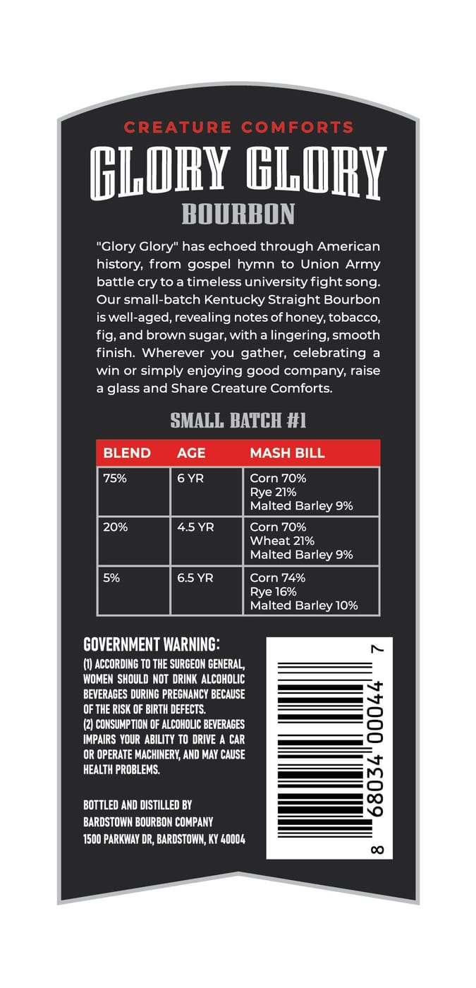 Creature Comforts Spirits Glory, Glory Bourbon label image 2