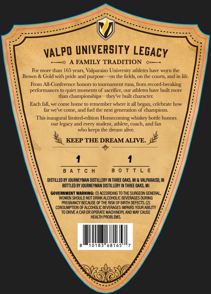 Journeyman Distillery Valparaiso University Victory Bell Reserve Bourbon Whiskey label image 2