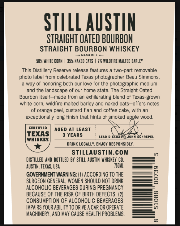 Still Austin Distillery Reserve Series Straight Oated Bourbon label image 2