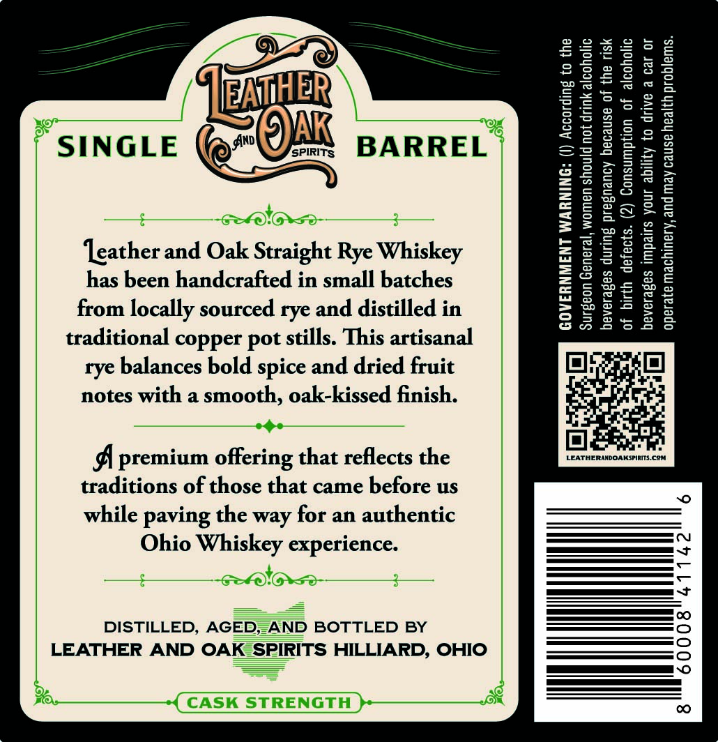Leather & Oak Spirits Single Barrel Rye Whiskey label image 2