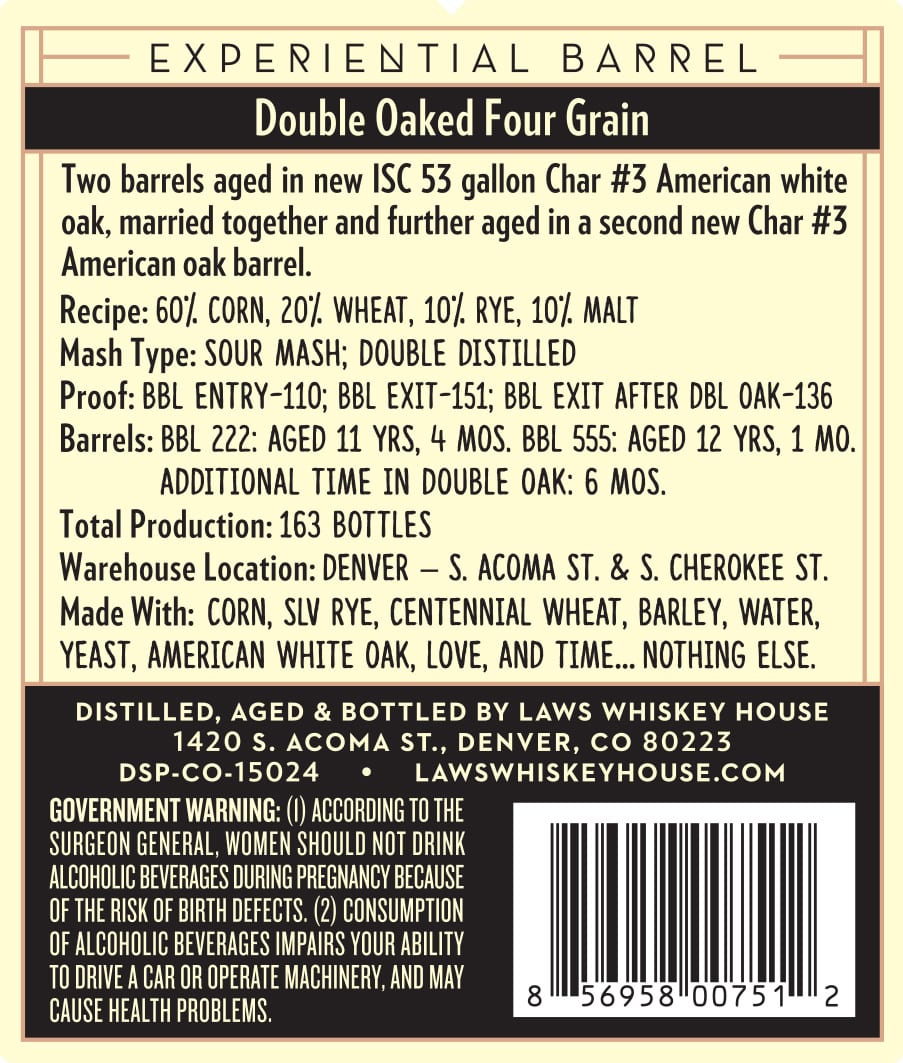 Laws Whiskey House Double Oaked Four Grain label image 2