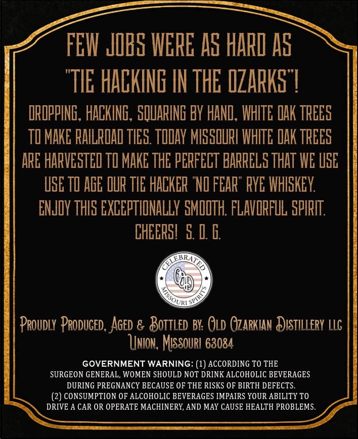 Old Ozarkian Distillery Tie Hacker Rye Whiskey label image 2