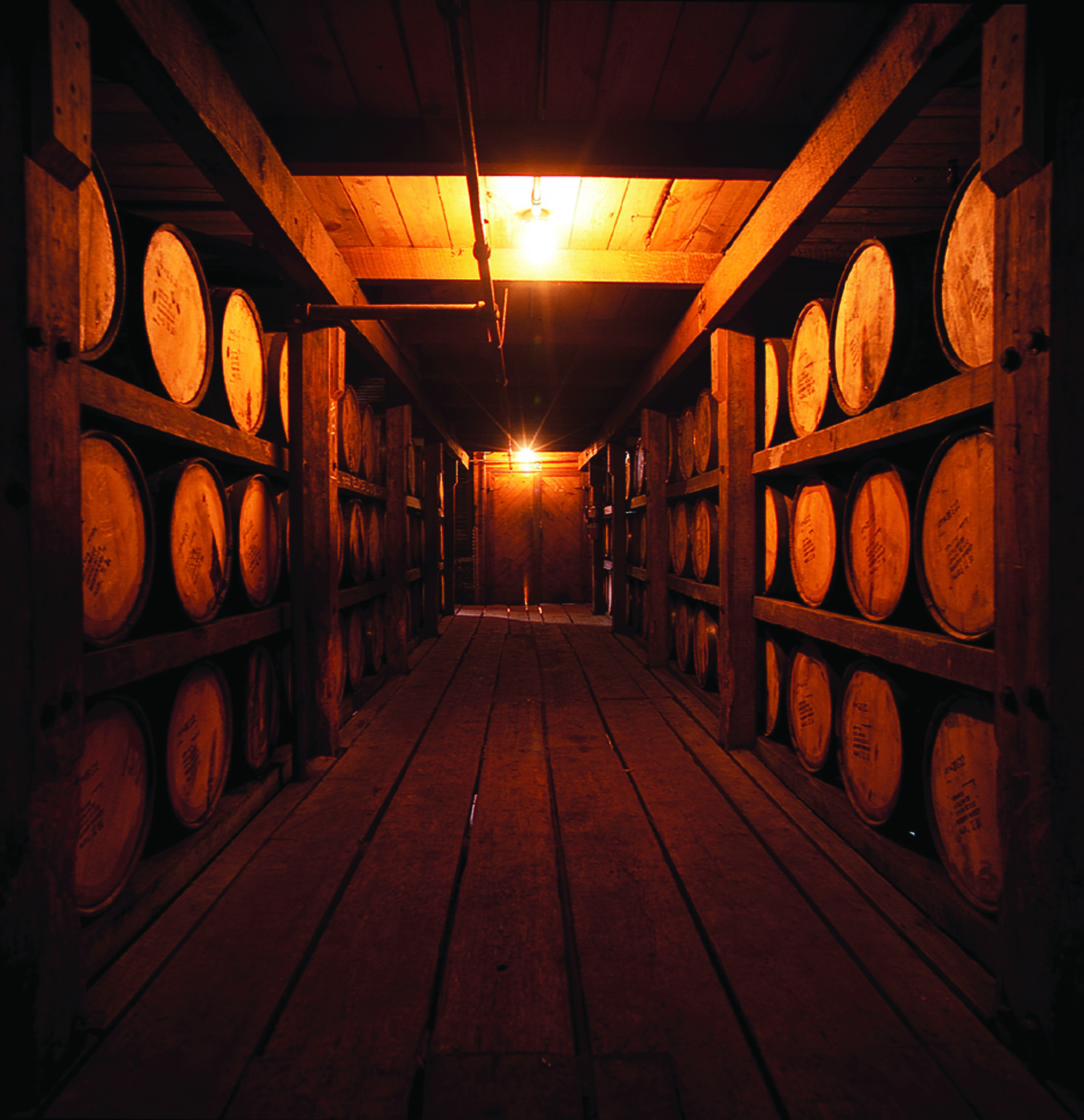 Barrels stacked in the Warehouse C hallway at Buffalo Trace Distillery